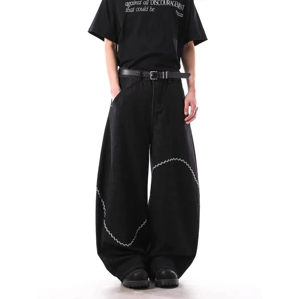 

Men's Embroidered Straight Wide-Leg Trousers American Retro Fashion Trend Street Hip-Hop Loose Casual Breathable Men's Bottoms