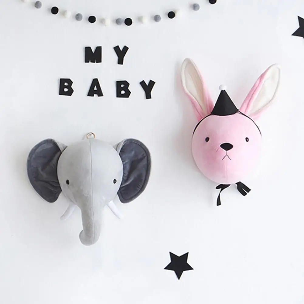 Decoración de guardería con temática de animales, cabeza de felpa suave, decoración de montaje en pared para habitación de guardería, elefante, conejo, oso, ciervo, cabezas de felpa 3d para pared