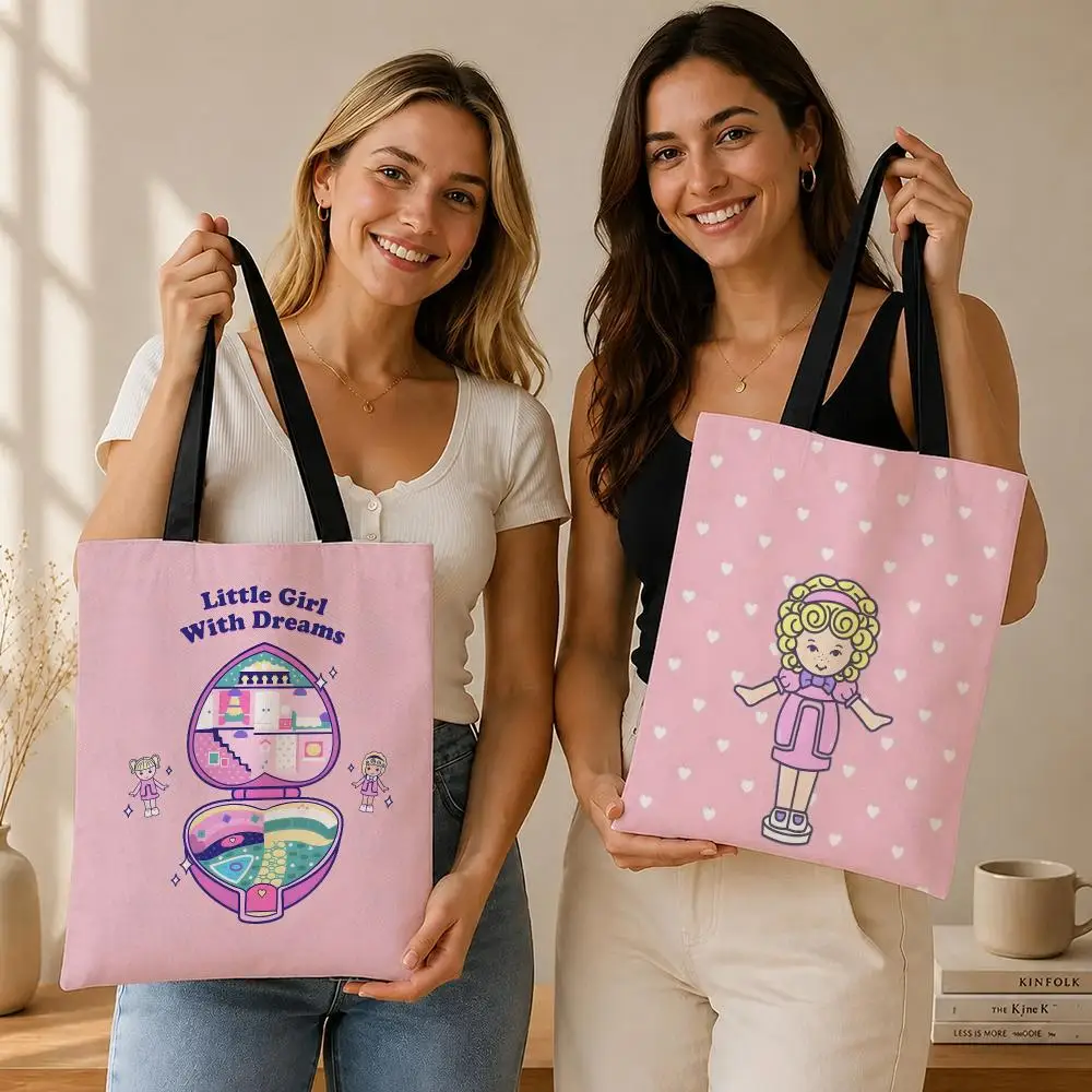 K-Kawaii Polly Pocket Storage Bags Canvas  bag, suitable for work, school, and daily commutes, reusable shopping bag