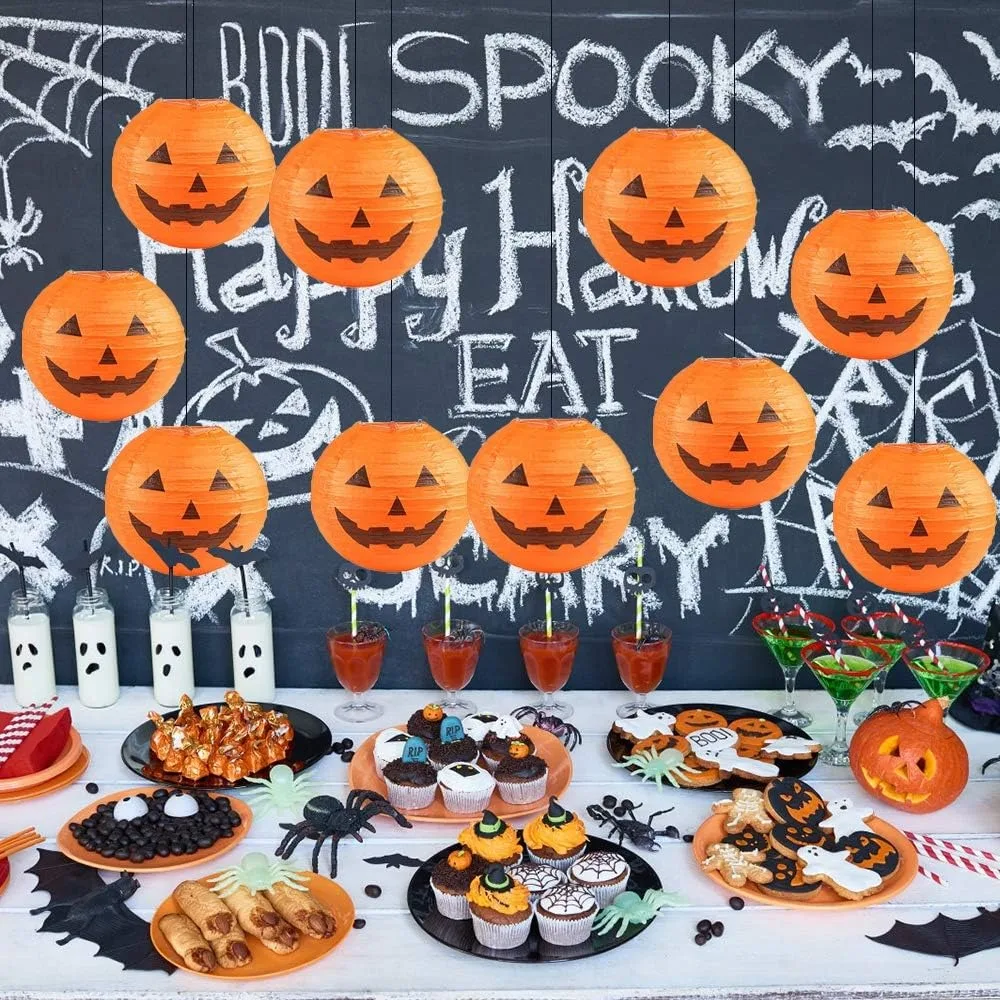 Halloween Pumpkin Paper Lantern Jack O Lantern, Hanging Bat Spider Decoração para Casa e Graden, 8 polegadas