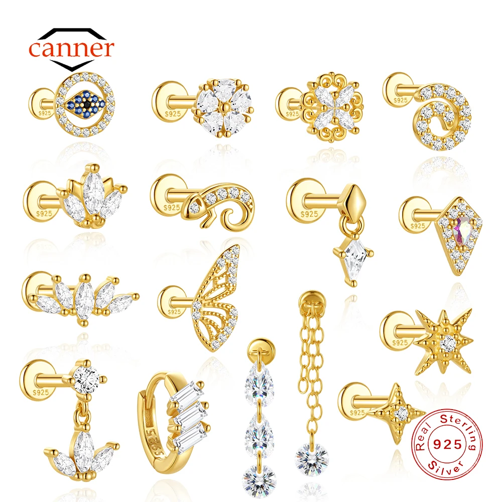 CANNER 1PC Blue CZ Eye Flower Clover Horse Eye Flat Head Piercing Ear Bone Jewelry INS Crown Eight-pointed Star Earring Gift