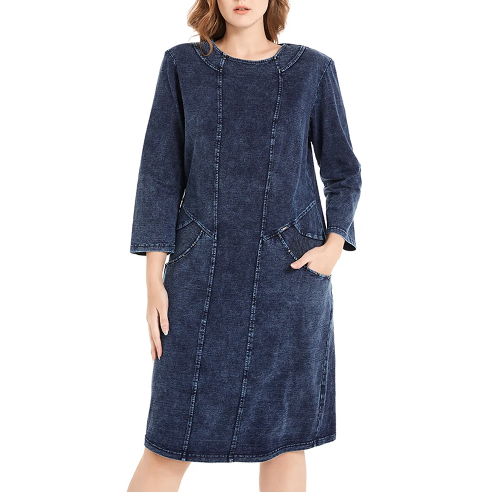 

Женское трикотажное джинсовое платье больших размеров на весну и осень