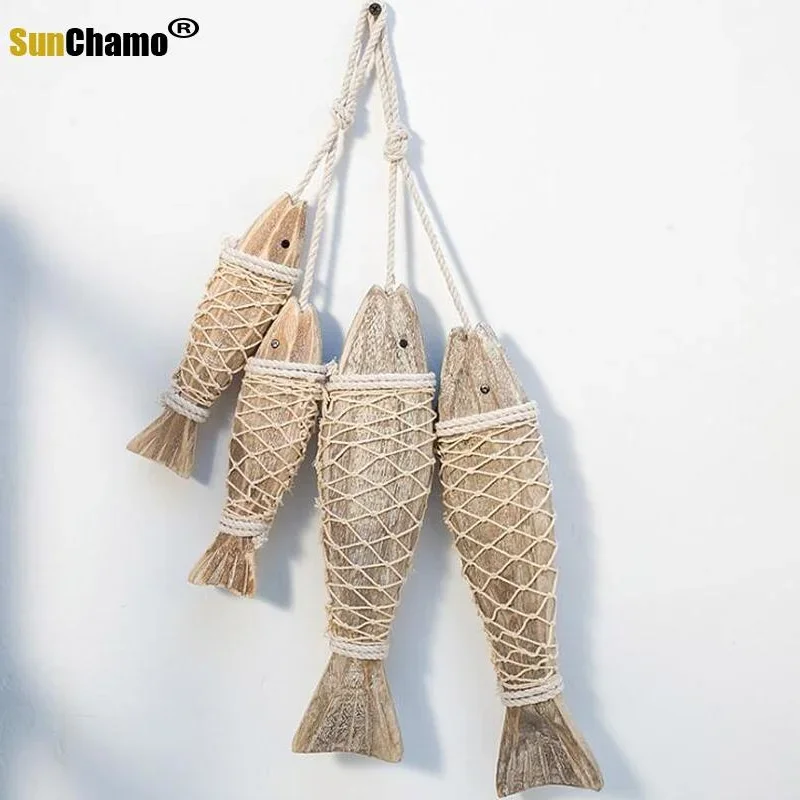 Mediterranean Style Hand Carved Wooden Wood Fish Ornaments Wall Sculptures for Home Hanging Decor Decor  2pcs/set Decoration