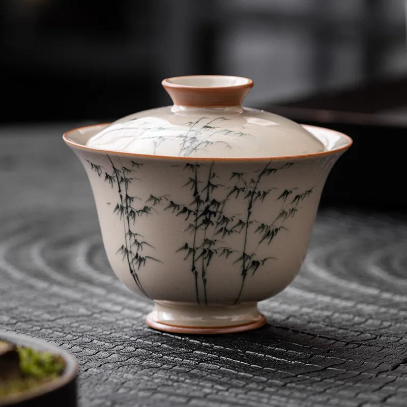 Chinese Hand-painted Wenzhu Ercai Covered Bowl Teacup Tea Bowl Made With A Single Plant Ash Retro Zen Kung Fu Tea Set