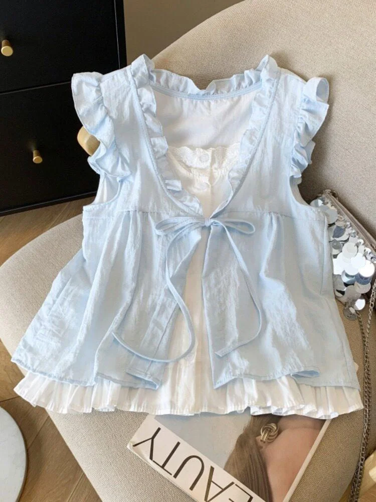 

Loose Doll Shirt Women's Summer New Style Wooden Trim Fake Two-Piece Breathable Short Sleeve Korean Version Fashion