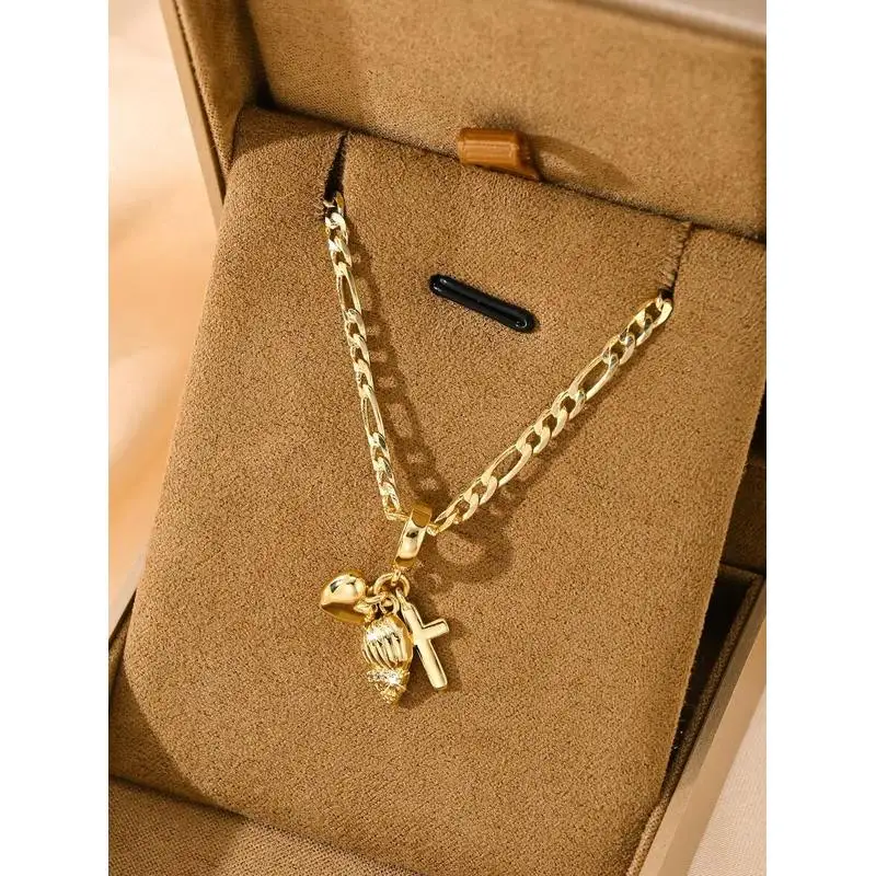 1 A set of European and American religious pendants combined into a necklace，Copper 14K Gold-plated，Figaro chain with heart char