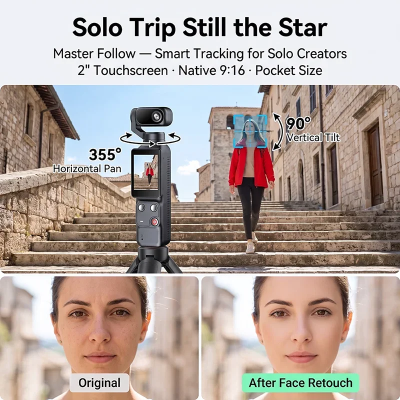 1080P HD Vlog Handheld Pocket Camera 355° AI Face Tracking Gimbal Stabilizer 2' Touch Screen WiFi Sports Action Cam for Vlog