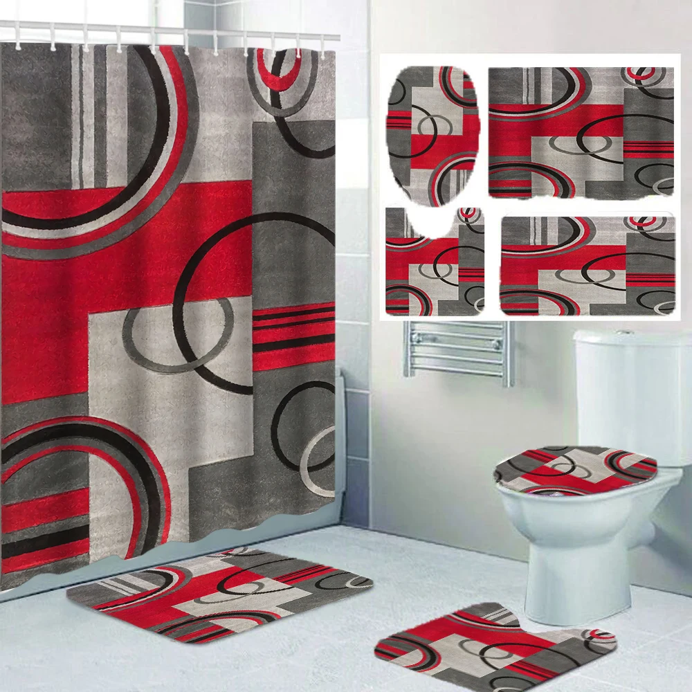 1/4 Geometrische Streifen Duschvorhänge, Toilettensitzdekoration, Duschvorhang mit Teppich und Toilettendeckel, 12 Haken, 70,8x70,8 Zoll