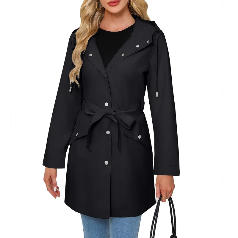 Spring and Autumn new hooded anti-splashing jacket with belt thin casual loose trench coat women