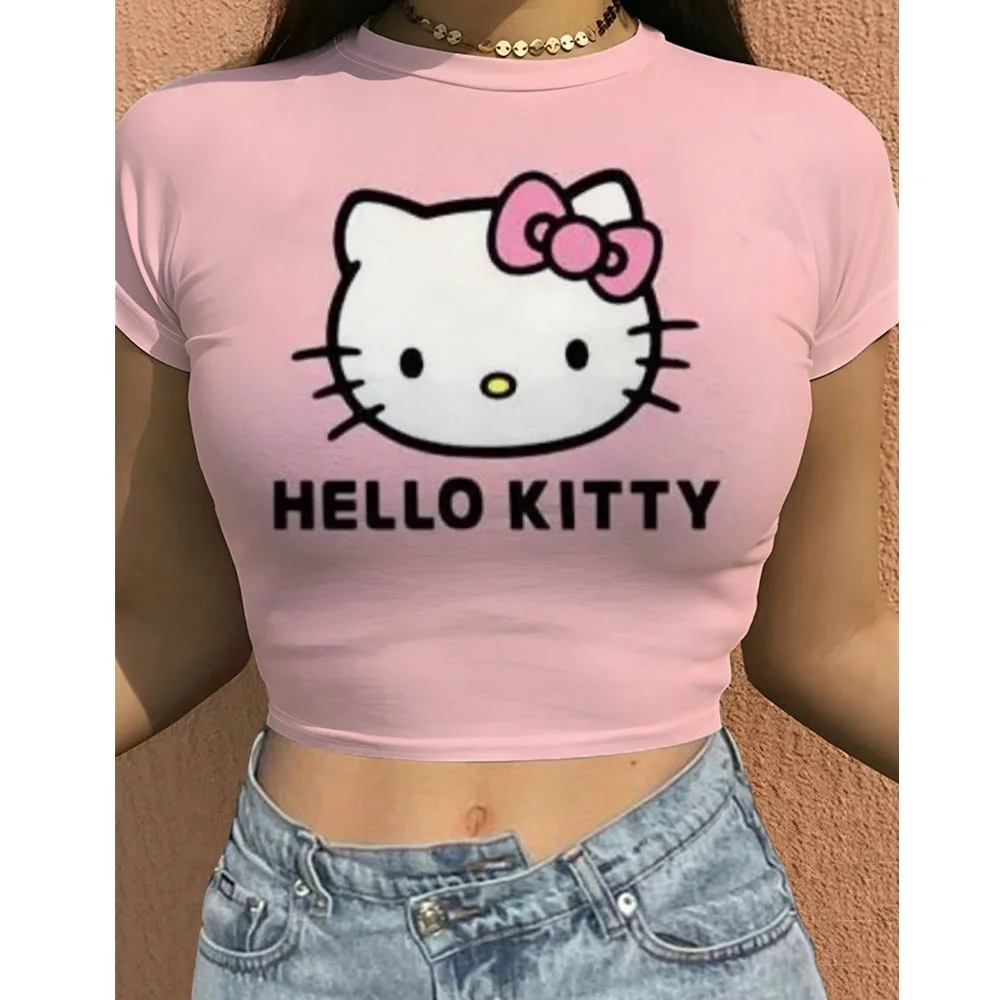 Hello Kitty T-shirt Women's Y2k Short Top O-neck Letter Pink Black Street Wear Short Sleeve T-shirt Summer Tight Casual Top