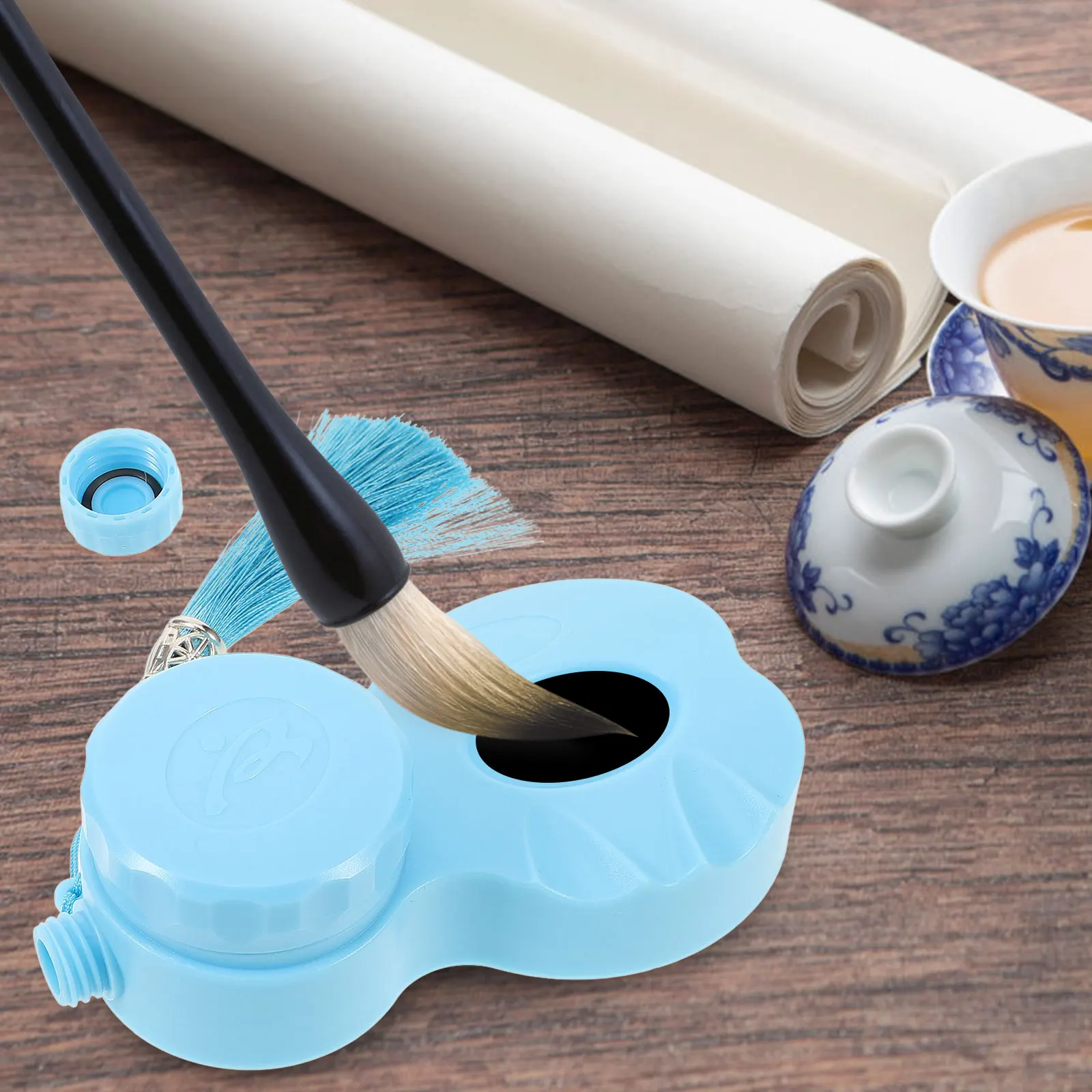 

Portable Inkstone Blue Covered Calligraphy Painting Tools Student Travel Watercolor Palette Dish Grinding Inkslab For