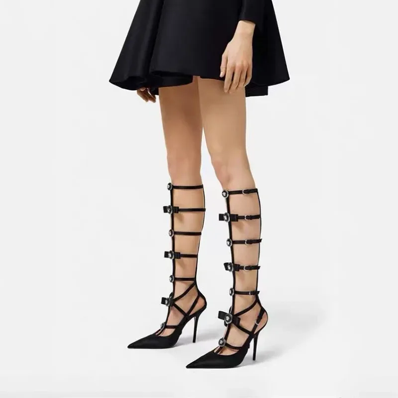 

Pointed Shallow Cut Slim Heel Sexy Hollow Out Sandals with New Belt Buckle and Back Zipper,Super High Heels,and Toe Sandals