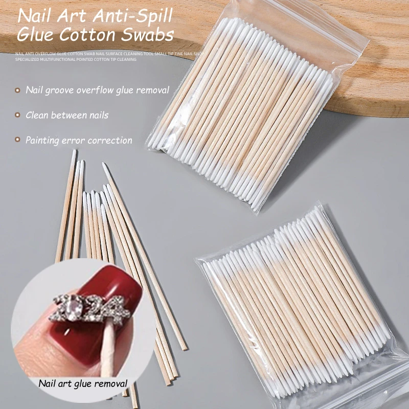 100pcs Disposable Nail Spill Prevention Glue Wood Cotton Buds Sticks Multifunctional Cleaning Tools