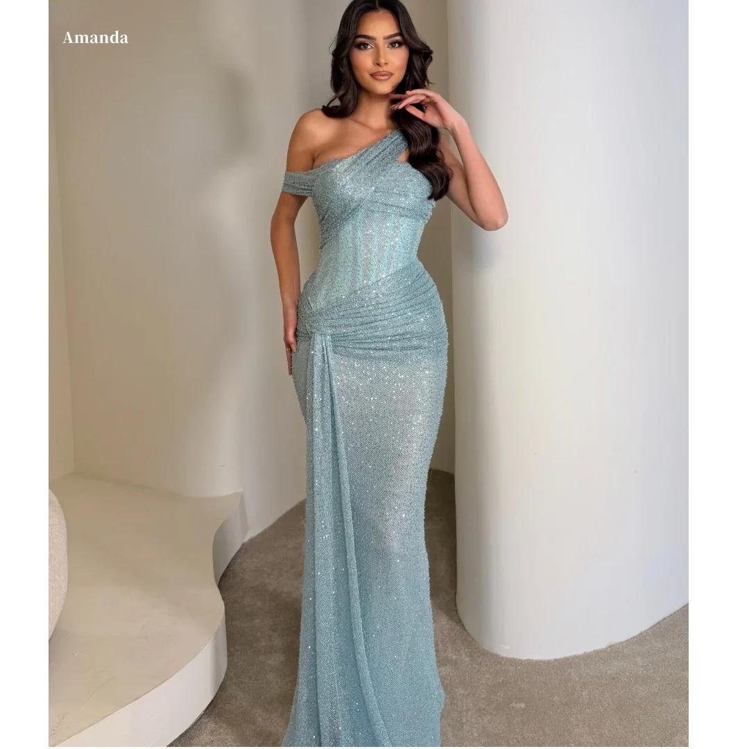 

Amanda Customized Mint Green One Shoulder Prom Dress with Sequin Fabric and Ruched Waist Detail vestidos de noche Formal Evening
