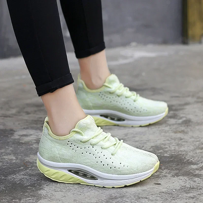 Women Charm Air Cushion Sneakers 2024 New Platform Wedge Shoes Size 42 Lace Up Soft Fly Knit Mesh Breathable Casual Sports Shoes