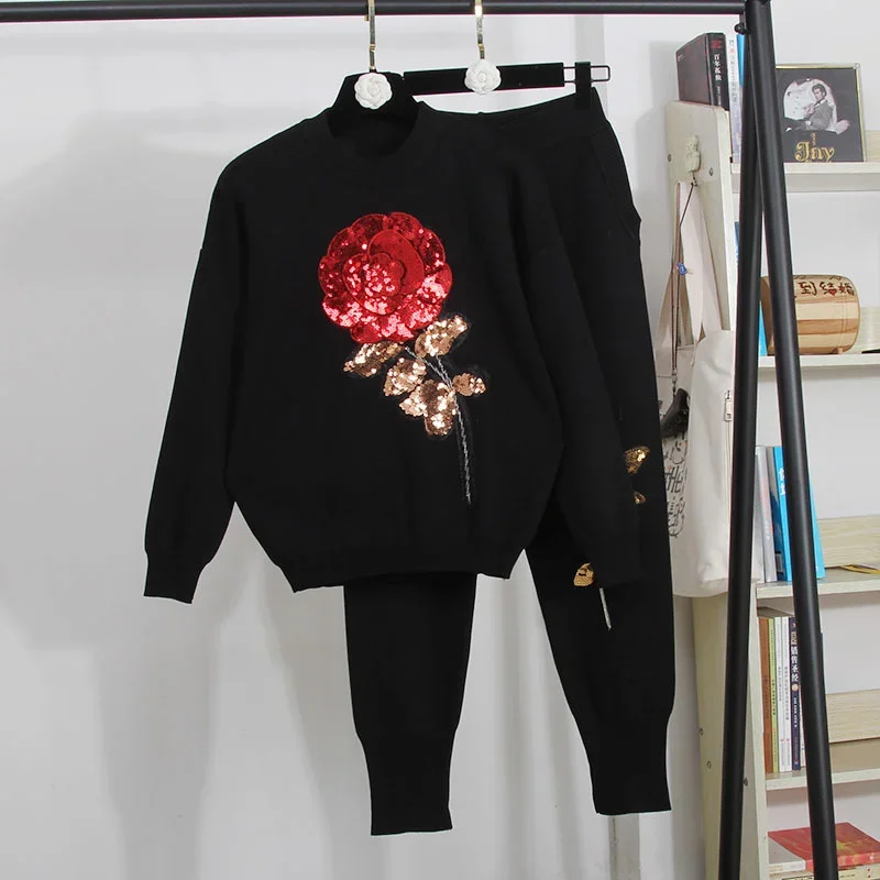 韓国ファッションローズスパンコール刺繍ニットトラックスーツ女性服黒ルーズニットプルオーバーセーター長ズボンセット女性