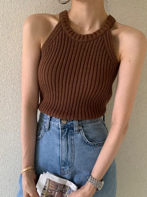 

Slim Fit Color Knitted Top Women's Summer New Sle Spicy Girl Ne Hanging Sle Versatile ort Sve round Ne Tan...