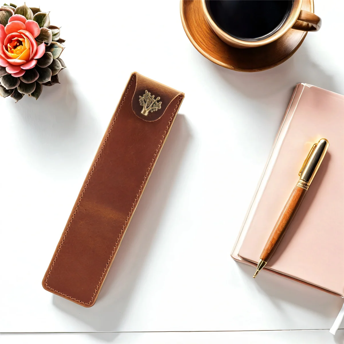 Genuine Leather Pen Pouch Holder Single Pencil Bag Pen Case with Snap Button for Rollerball Fountain Ballpoint Pen-Brown