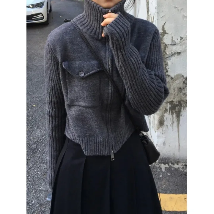 

Women's Knitted Sweater Jacket Double Zipper Thick High Collar Lazy Style Chic Versatile Autumn Winter Fashion High Quality Top