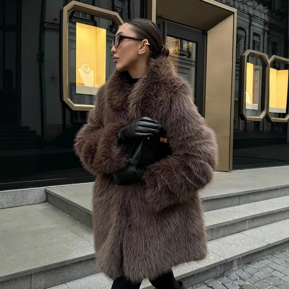 Verdickter Plüsch-Wintermantel für Damen 2025, Fuchs-Stil, Kunstpelzjacke, langes Street-Luxe-Design mit übergroßem Revers