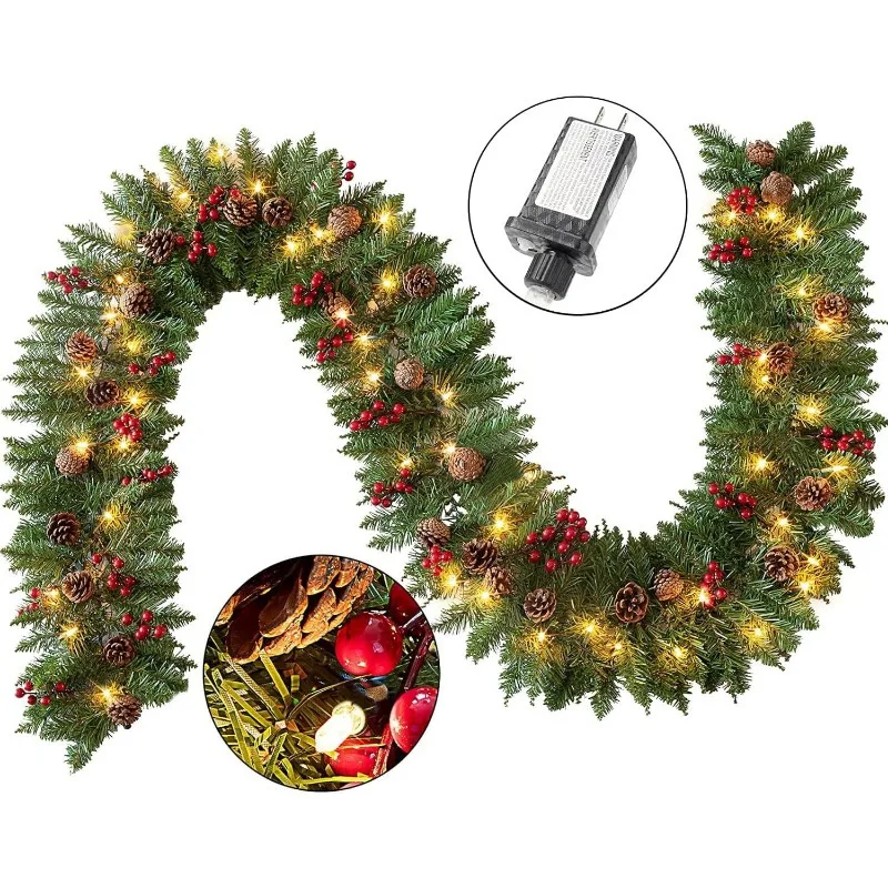 9 Ft Artificial Christmas Garland Prelit with 50 Warm White String Lights Pine Cones and Red Berries for Christmas Holiday Season Decorations Garlands