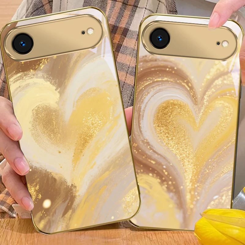 Golden Heart of Love For iPhone Air 17 Pro Max 16 15 Pro 14 13 Plus 12 mini 11 17 Air XR 16E 17ProMax Golden glass phone case