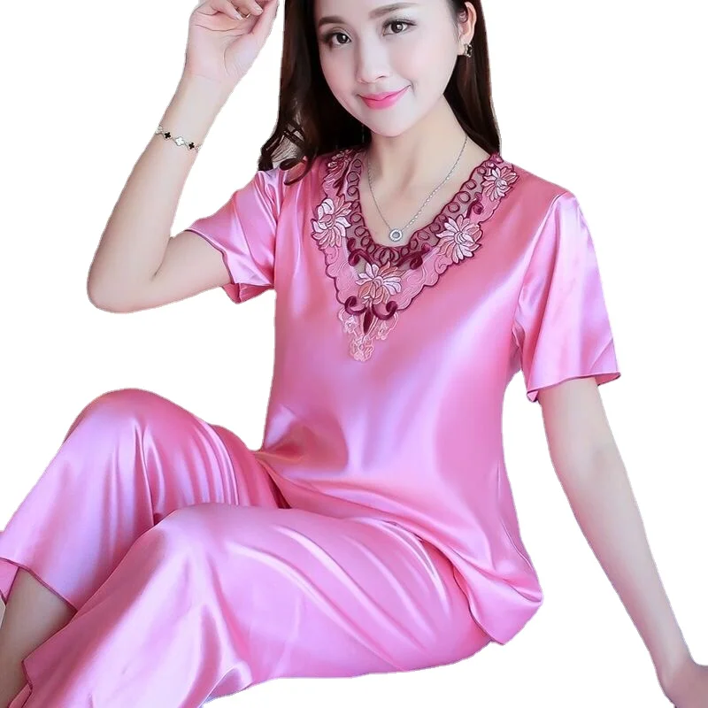 Plus Size 3XL Satin Pajamas Set Women\'s Pajamas Casual Pants 2 Piece Set Sleepwear Female Home Suit Sets Nightwear