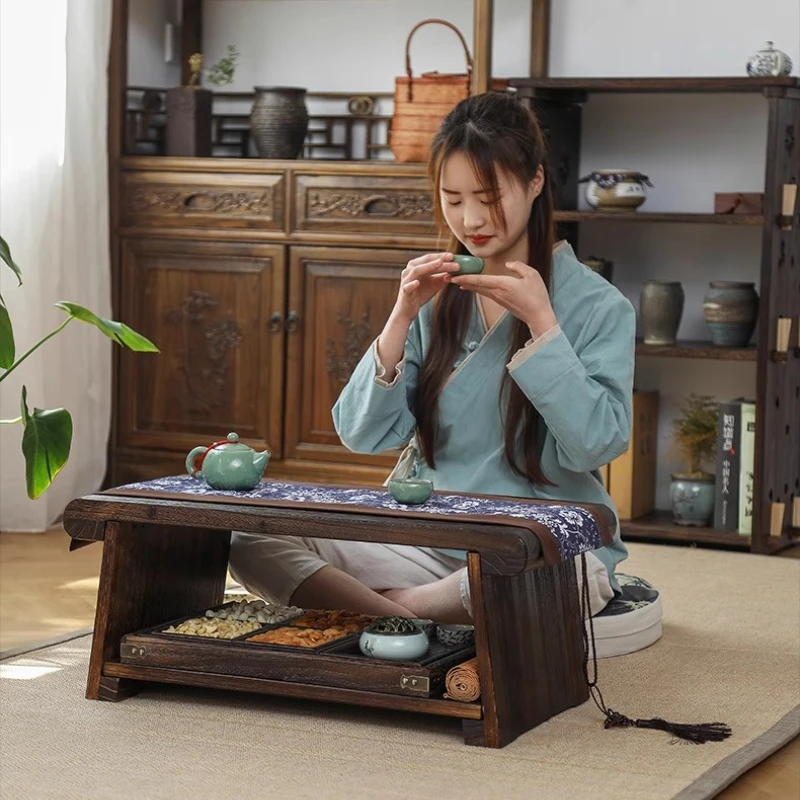 Solid Wood Tatami Tea Table Japanese Folding Coffee Table for Bay Window Low Profile Floor Desk