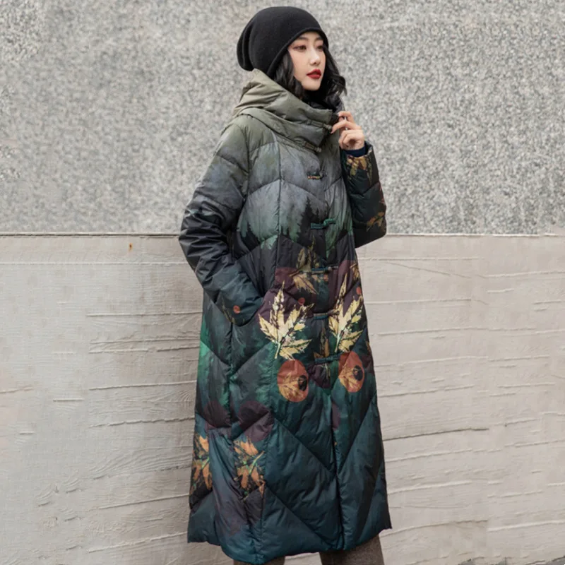 90% White Duck Down Long Jackets Woman Thick Warm Hooded Down Overcoats 2024 Fashion Autumn Winter Loose Casual Print Outerwear