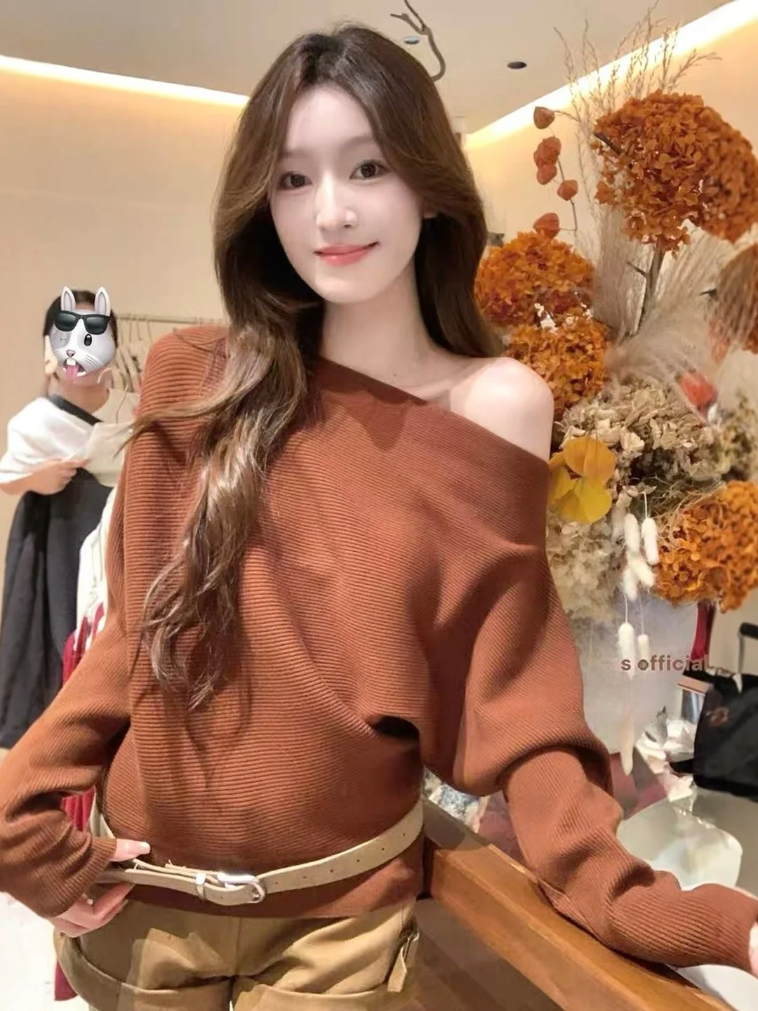 

Chic Batwing Sve Knitwear Asymmetric oulder Bared Women's Inner Wear Soft Autumn Winter Top Commute Sle Loos...