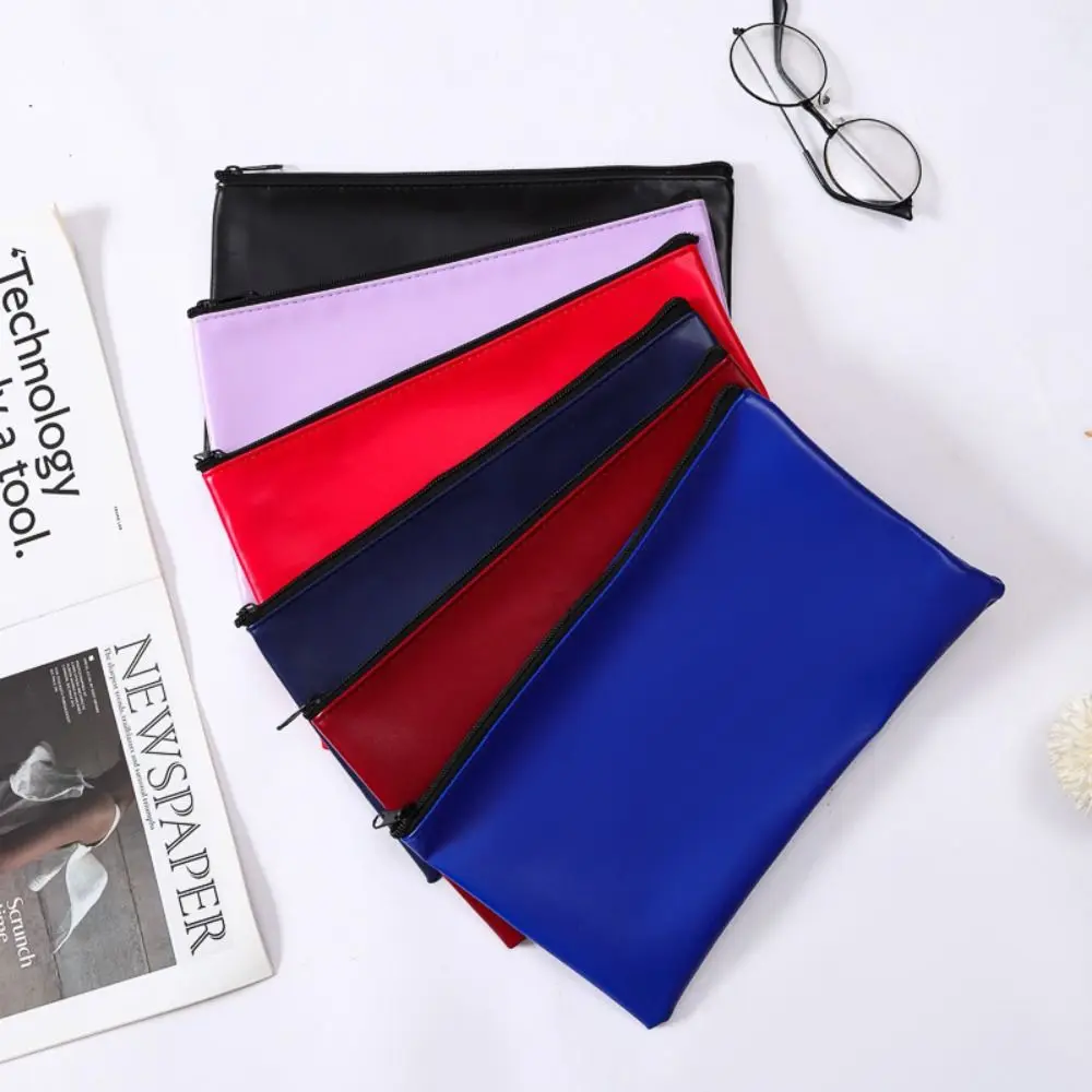 Simple Faux Leather Pencil Pouch Zippered Closure Waterproof Bank Deposit Bag Large Capacity File Bag For Cosmetics Tools