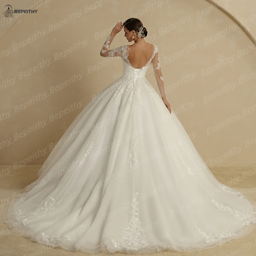 BEPEITHY Customized Luxury Full Sleeves Princess Wedding Dresses For Women Glitter Court Train Lace Boho Bride Bridal Gowns