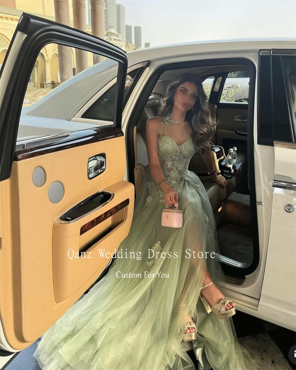 Qanz Sage Green Prom Dresses Lace Appliques Dubai One Shoulder Slit Long Formal Customized Special Occasion Evening Dress