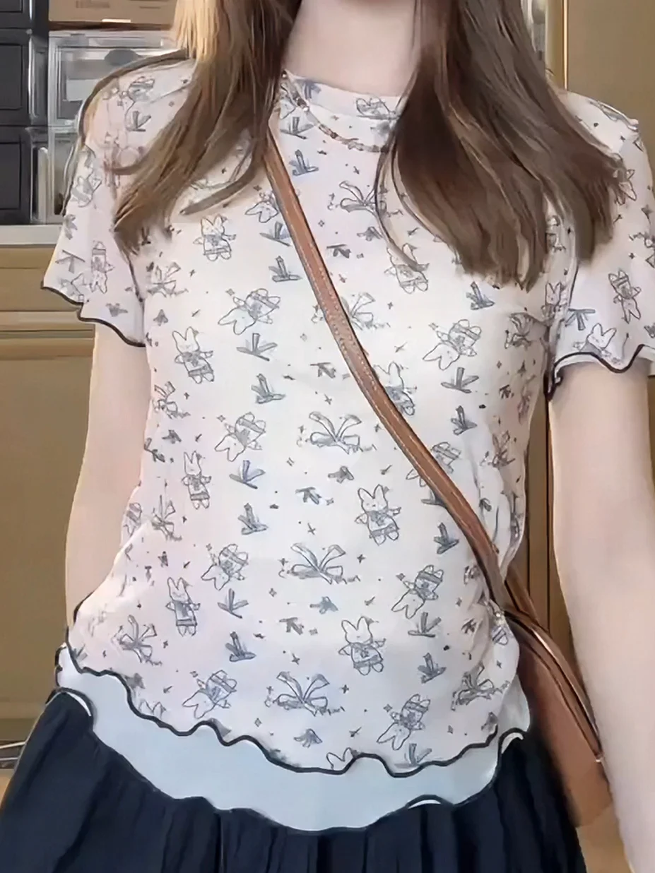 Slim Fit Short Sleeve T-Shirt Women Summer New Style Fun Print Netting Light Weight Shoulder Appropriate Hot Girl Top