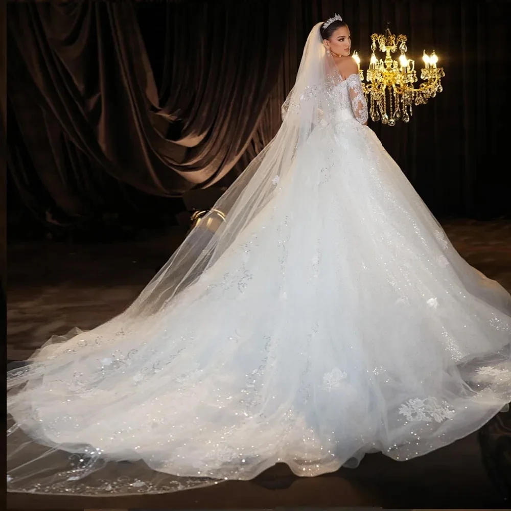 Wedding Dress Off Shoulder Long Sleeve Lace Bridal Gown Sparkly Tulle Ball Gown Custom Made Custom Size Princess Wedding Gown Wi