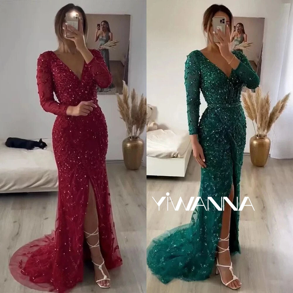 

Green Mermaid Elegant Mother Of The Bride Dress V-Neck Pearls Long Sleeves Evening Dresses Luxury Beaded For Women Wedding Party