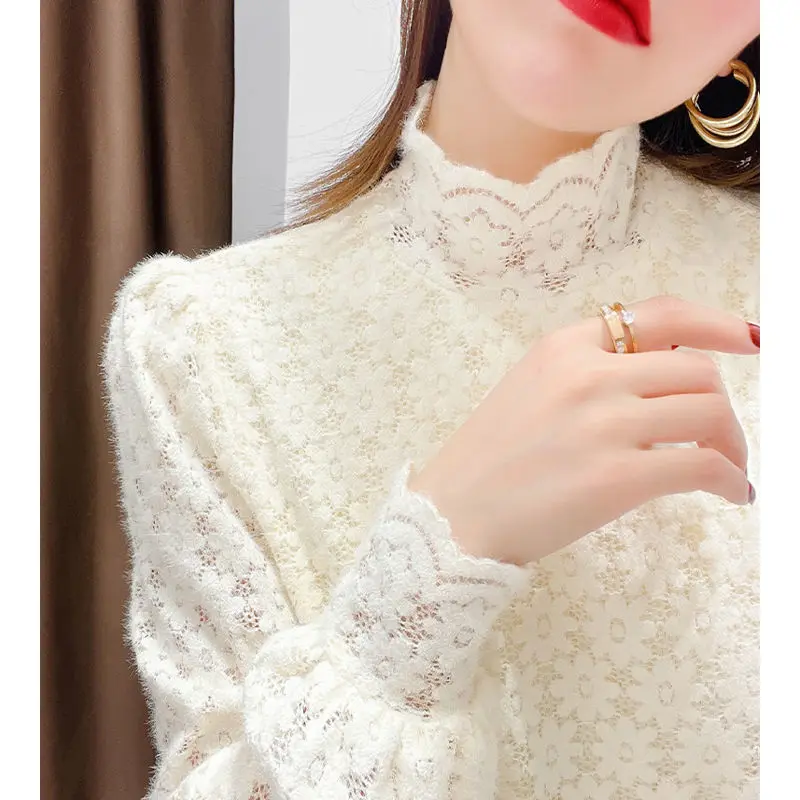 Flocking Plus Velvet Lace Bottoming Shirt Women\'s Autumn Winter Inner Lantern Sleeves Turtleneck Mesh Top Blouse