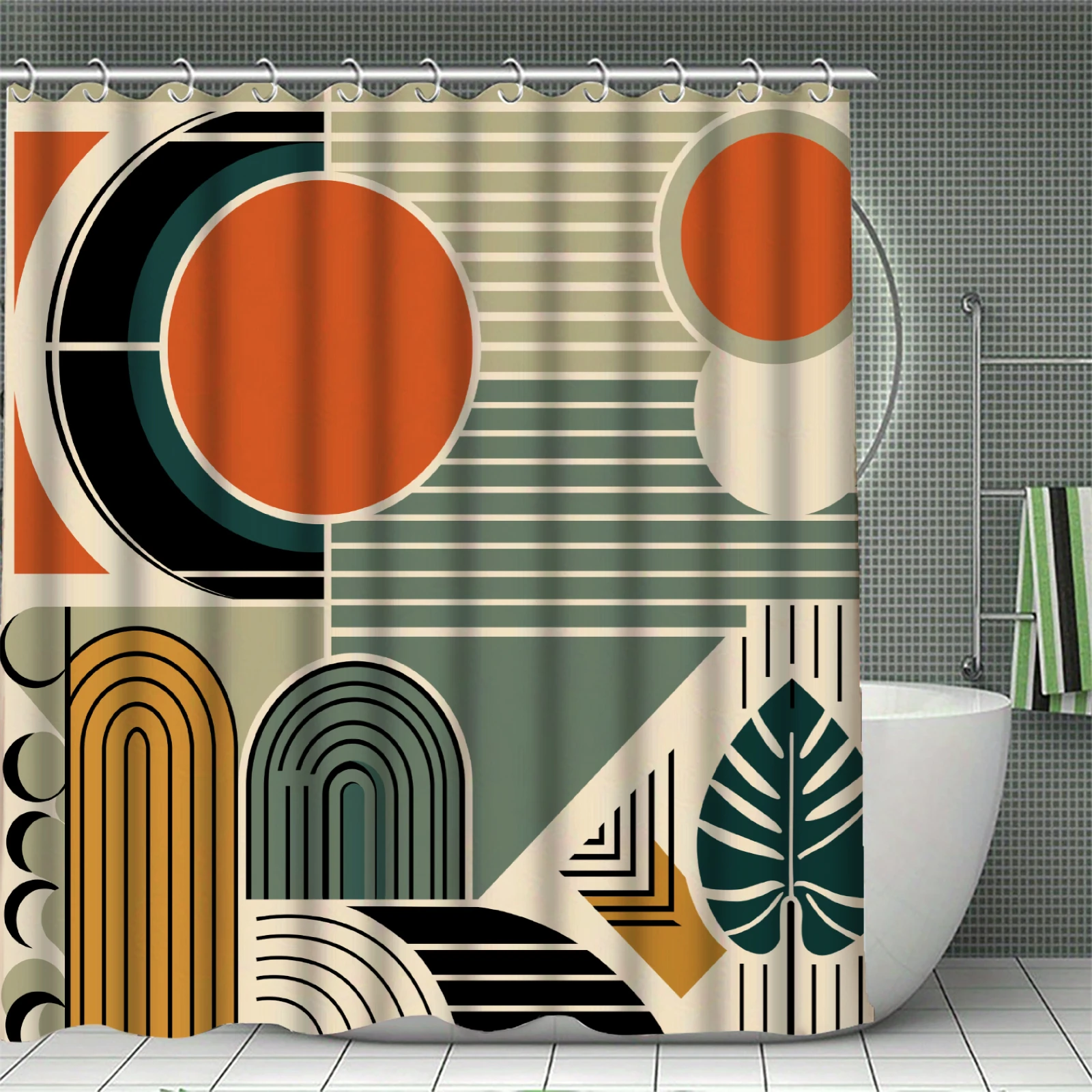 Mid Century Modern Shower Curtain Sets Abstract Geometric Balance Circles Boho Bath Curtains Toilet Cover Bathroom Accessories
