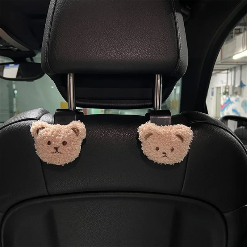 2PCS Cute Cartoon Bear Car Seat Back Hooks Storage Vehicle Headrest Organizer Hanger For Groceries Bag Handbag Car Decoration