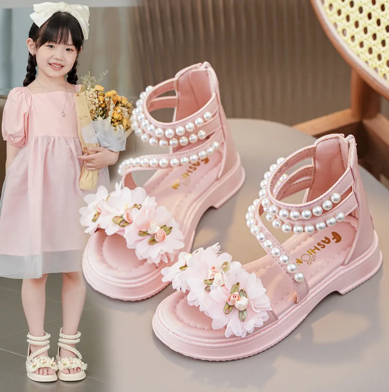 Sandalias romanas para niñas, zapatos de flores a la moda para niños, zapatos de playa con cuentas, sandalias de verano para niñas, zapatos de