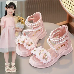 Sandales romaines pour filles, chaussures à fleurs à la mode pour enfants, perles, chaussures de plage, sandales d'été, chaussures de princesse, 2023