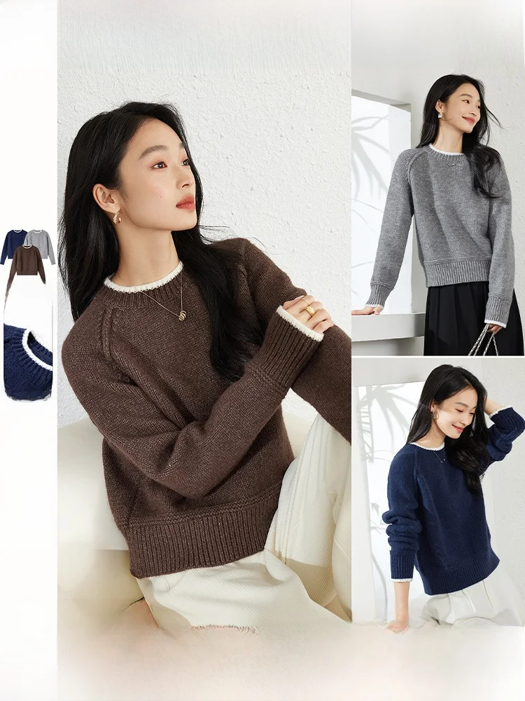 

Retro round Ne Color Blo Knit Sweater Women's Casual Loose Long Sve Winter Top Faionable Versatile Comfortable Knitt...
