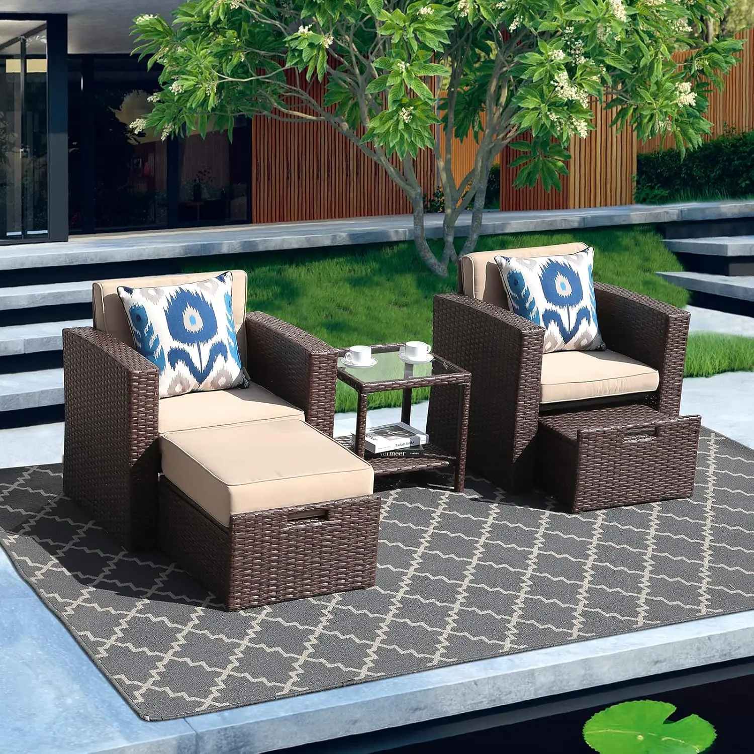 5 Piece Wicker Outdoor Sofa Set, Patio Conversation Set with Ottoman Set, Outdoor Couch Set with Tempered Glass Side Table