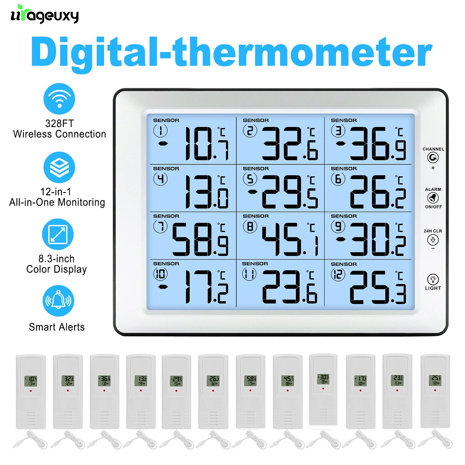 Wireless 12-in-1 Temperature Monitor 328ft Remote Range 8.3'' Color Display Sound & Light Alarm For Cold Chain Aquaculture Home