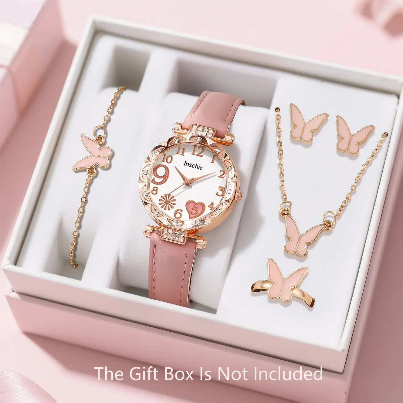 6PCS Elegant and Exquisite Women's Quartz Watches with Butterfly Necklace, Earrings, Bracelet Accessories Set