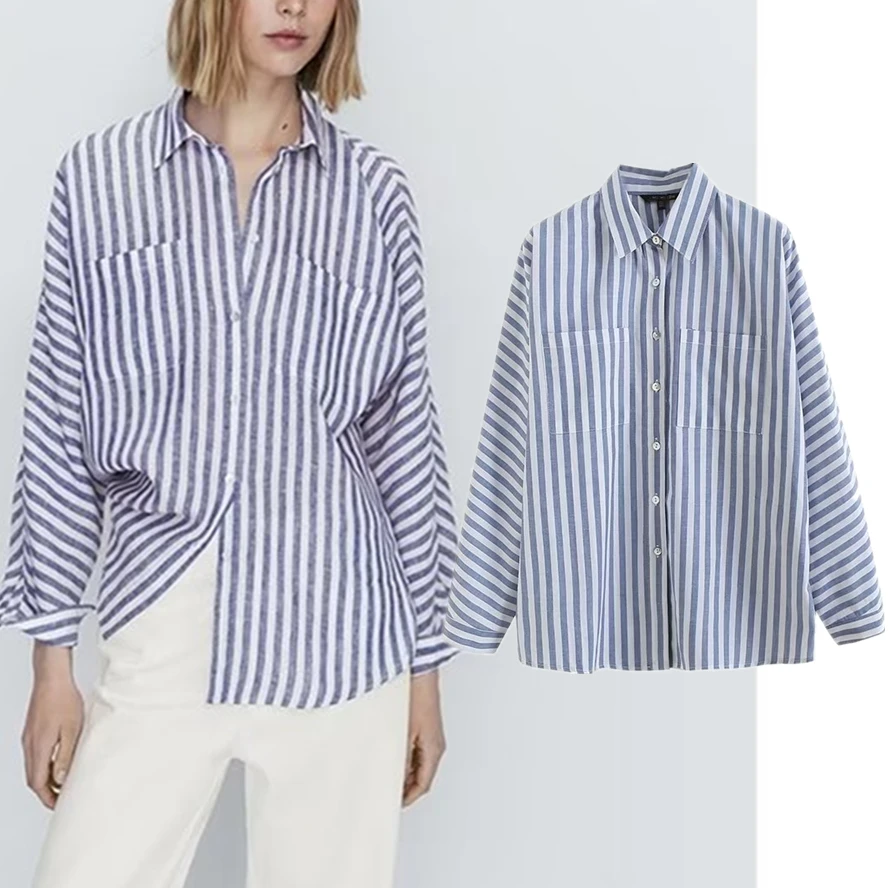 

Jenny&Dave England Fashionable Ladies Cotton Women Blouse Casual Commuting Stripe Pocket Trim Shirt Top