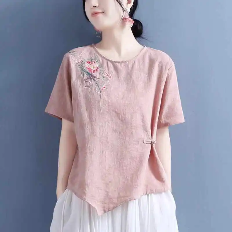 Summer New Chinese Style Retro Frog Button Embroidered Short Sleeve T Shirt Women Linen Cotton Hanfu Top Zen Tea Clothing CN-315