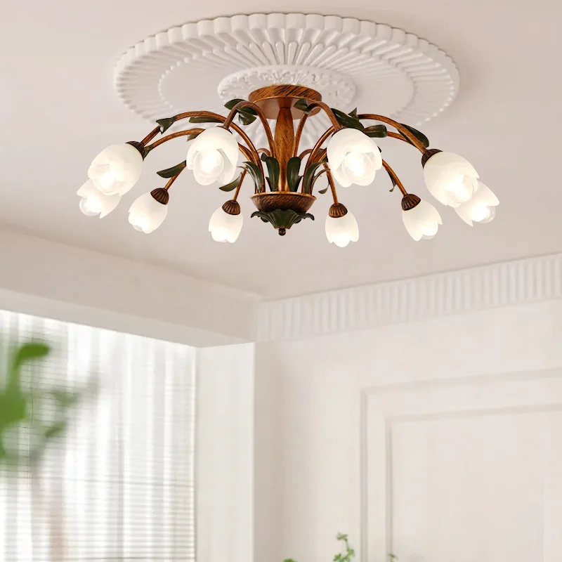 American Retro Iron Ceiling Lights Creative Flower Lampshade Living Room Countryside Bedroom Dining Room LED Lighting Luminaires