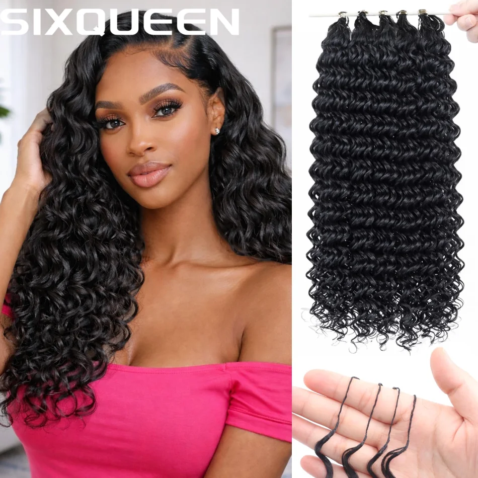 

30-дюймовые волосы для наращивания Deep Wave без узлов, предварительно разделенные, 100% натуральные человеческие волосы, кудрявые, натуральный черный цвет, для микрокосичек