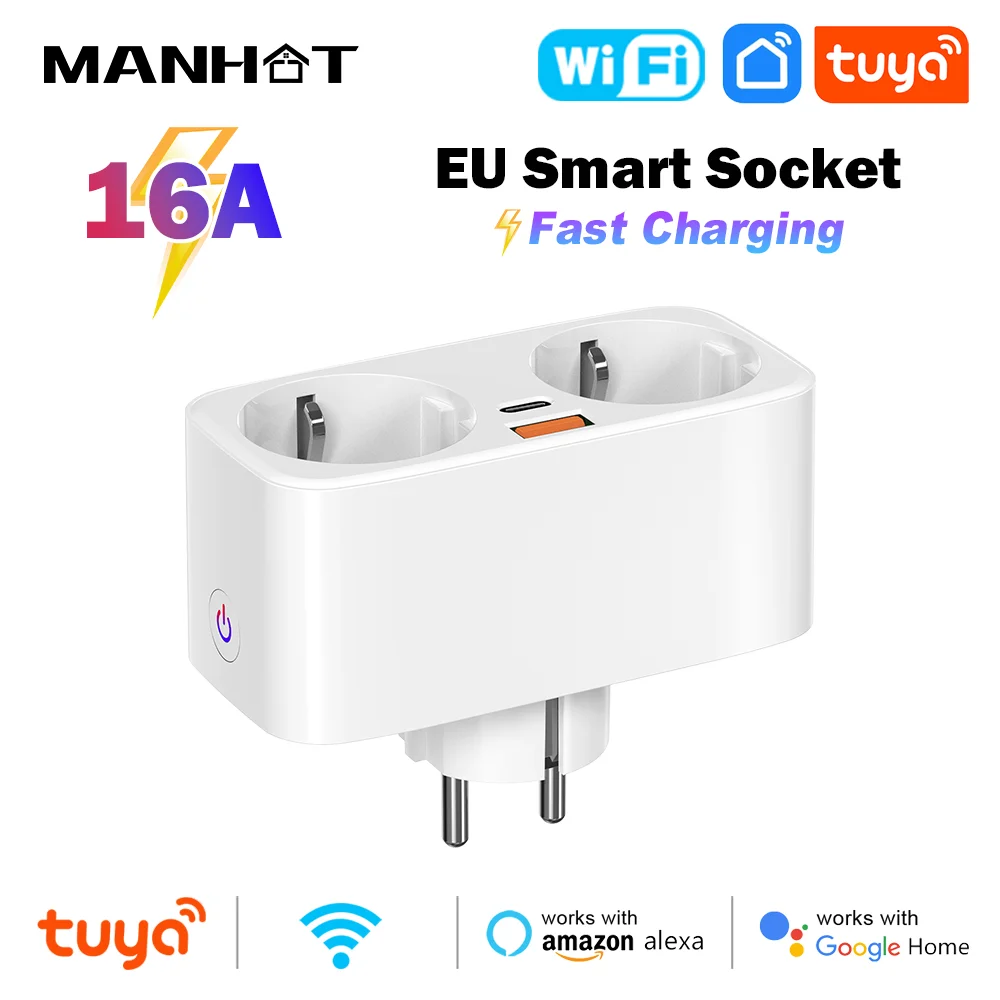 Manhot Tuya EU Plug WiFi Smart Socket 16A With USB Type-C Ports Fast Charging Function APP Voice Control With Alexa Google Home